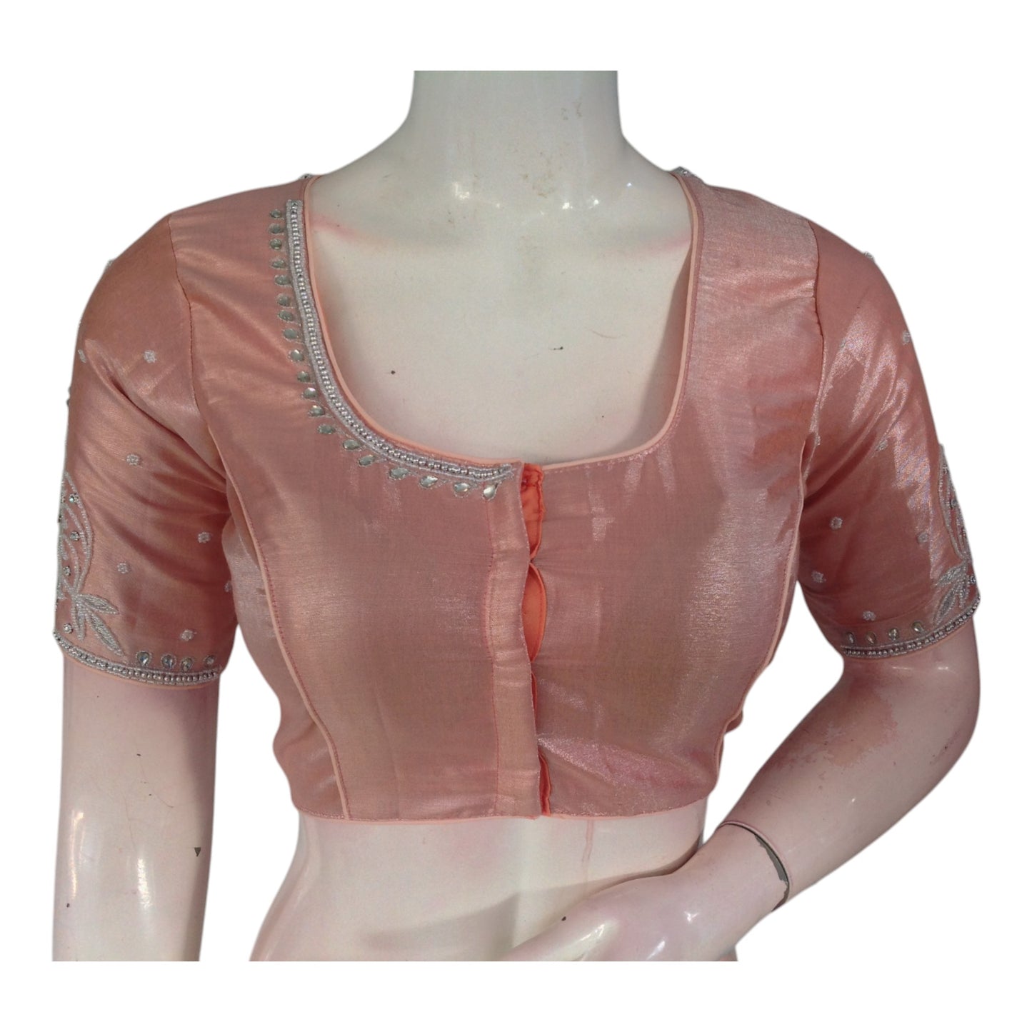 Warm Pastel Peach Color Blouse | Silver Aari Detail | Tissue Silk