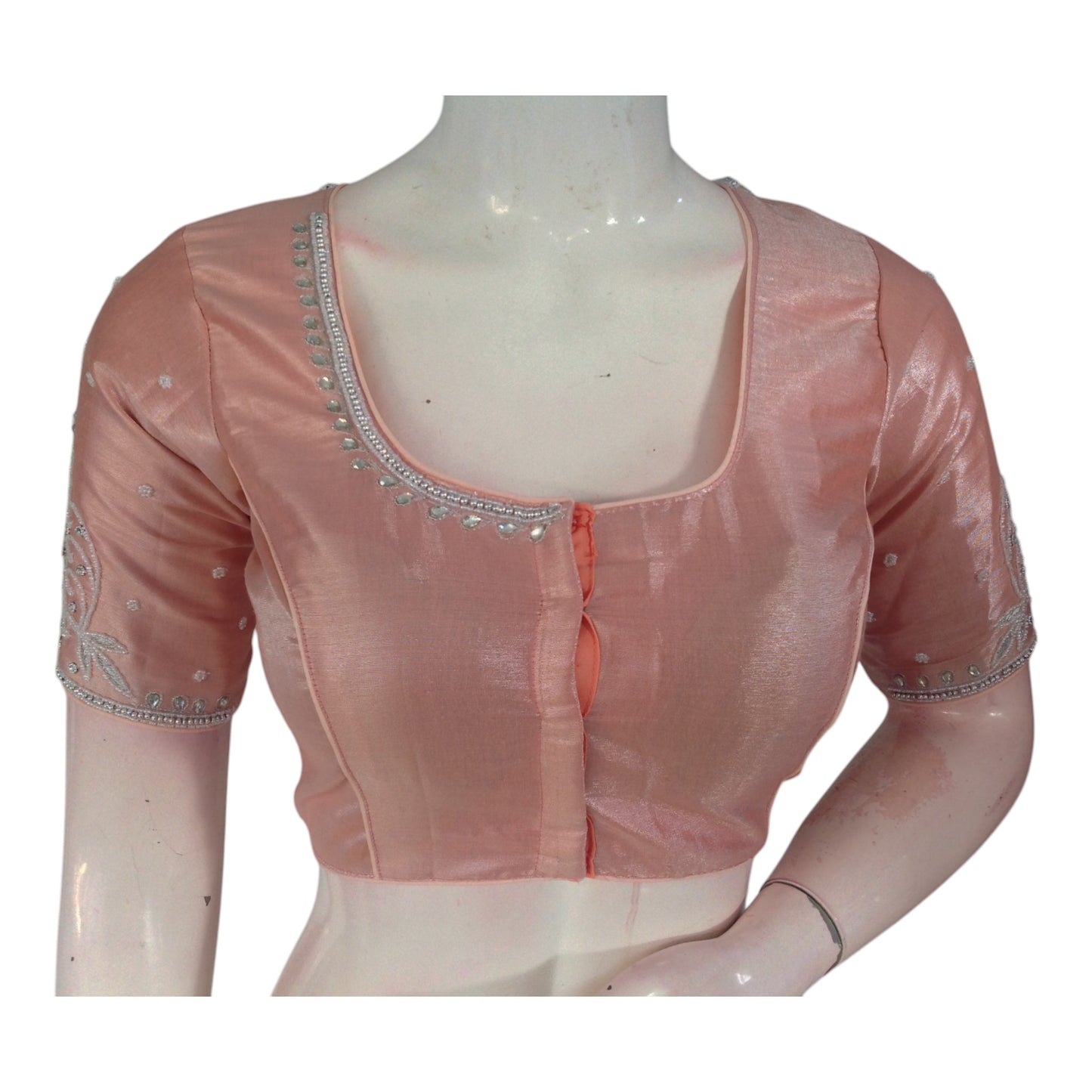Warm Pastel Peach Color Blouse | Silver Aari Detail | Tissue Silk