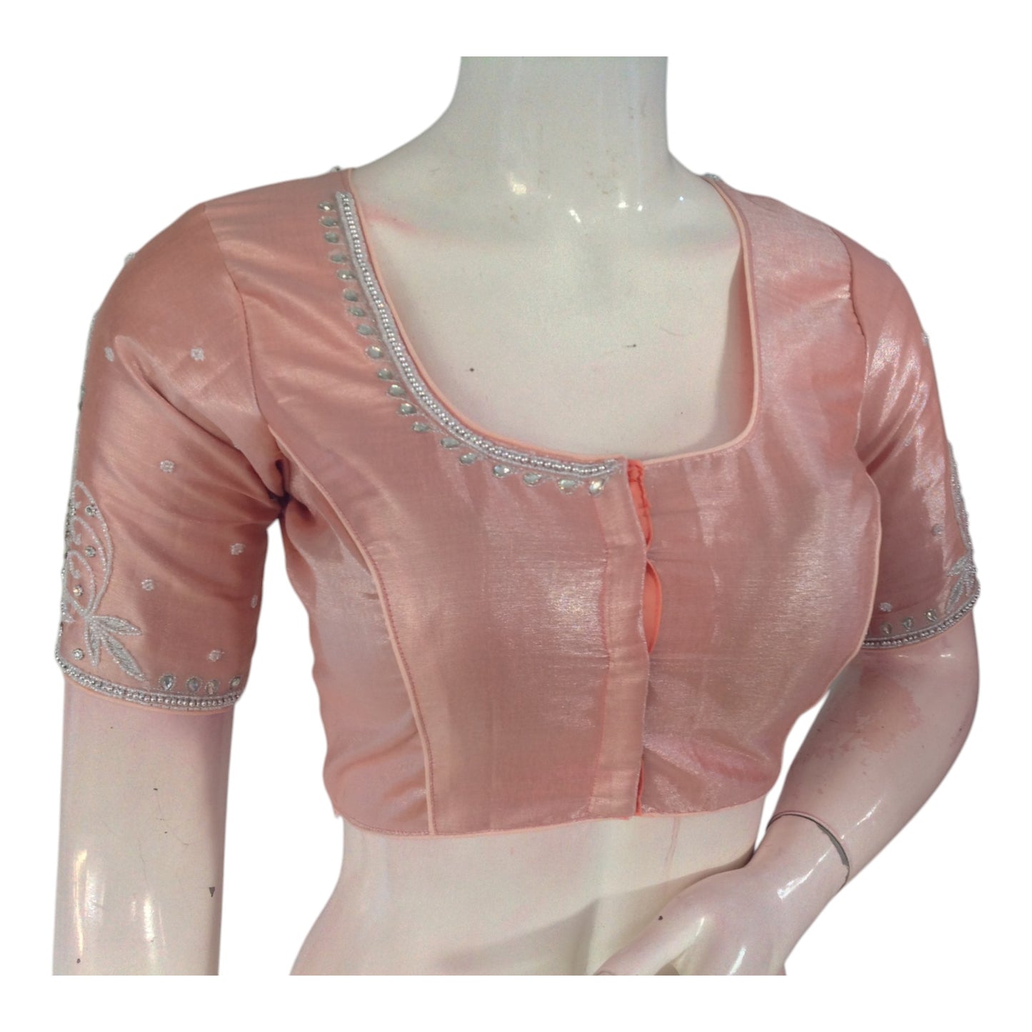 Warm Pastel Peach Color Blouse | Silver Aari Detail | Tissue Silk