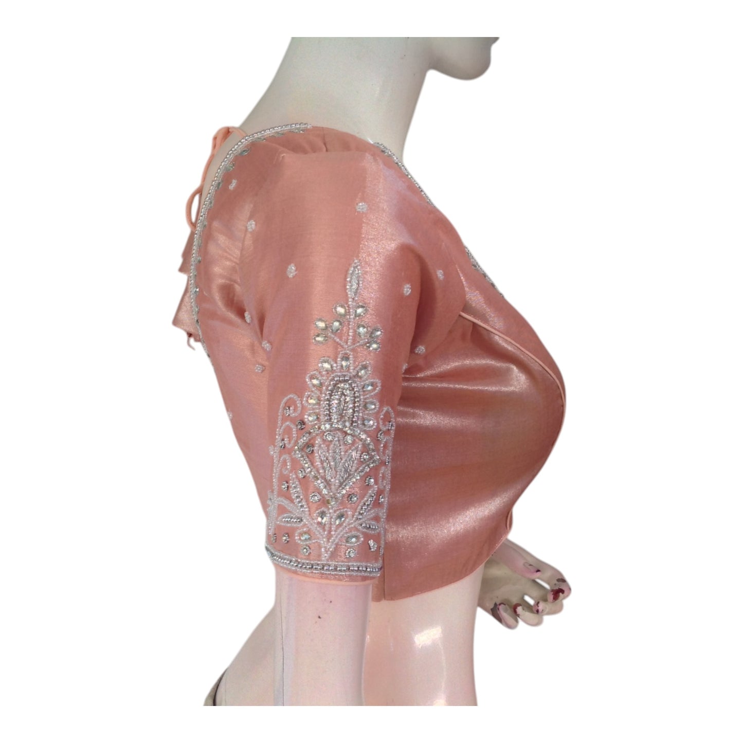 Warm Pastel Peach Color Blouse | Silver Aari Detail | Tissue Silk