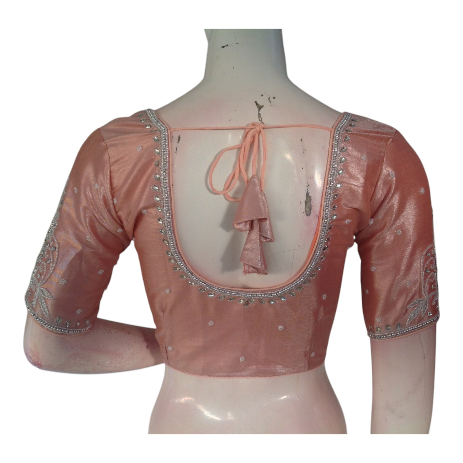 Warm Pastel Peach Color Blouse | Silver Aari Detail | Tissue Silk