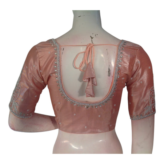 Warm Pastel Peach Color Blouse | Silver Aari Detail | Tissue Silk