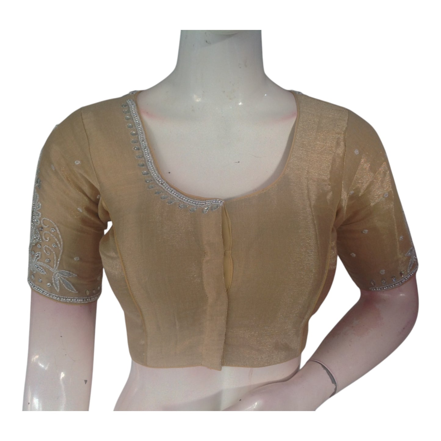 Subtle Pastel Brown Color Aari Handwork Blouse | Tissue Silk | Festive Wear