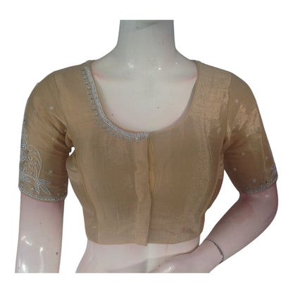 Subtle Pastel Brown Color Aari Handwork Blouse | Tissue Silk | Festive Wear