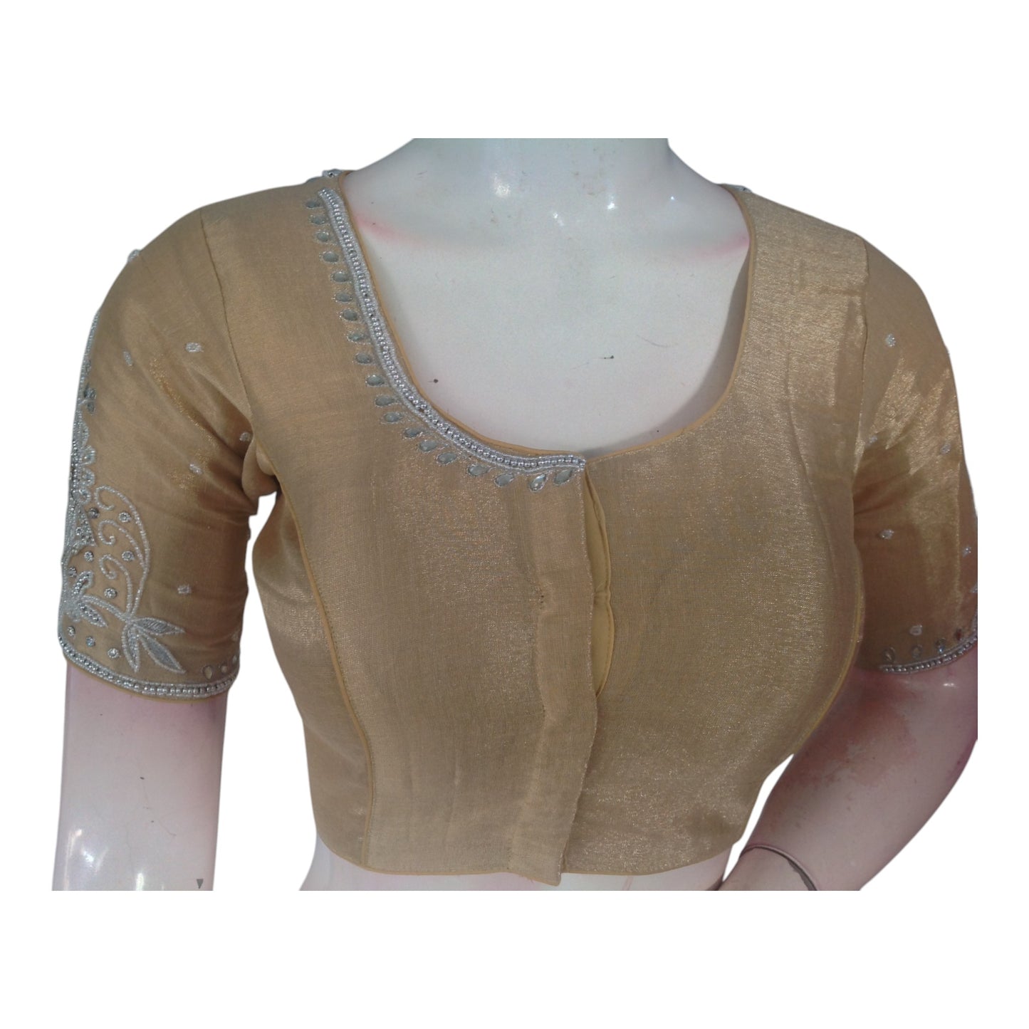 Subtle Pastel Brown Color Aari Handwork Blouse | Tissue Silk | Festive Wear