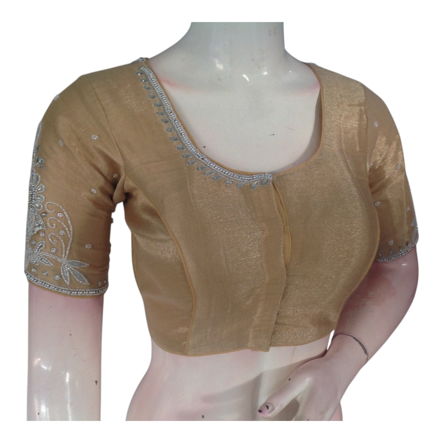 Subtle Pastel Brown Color Aari Handwork Blouse | Tissue Silk | Festive Wear