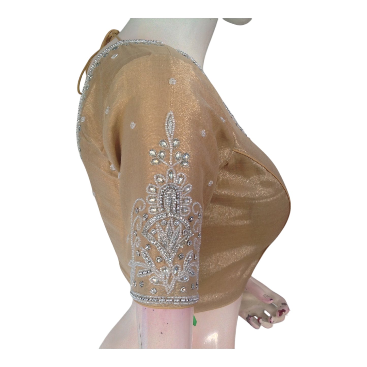 Subtle Pastel Brown Color Aari Handwork Blouse | Tissue Silk | Festive Wear