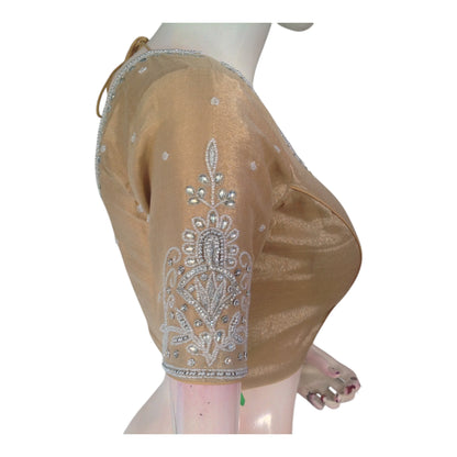 Subtle Pastel Brown Color Aari Handwork Blouse | Tissue Silk | Festive Wear