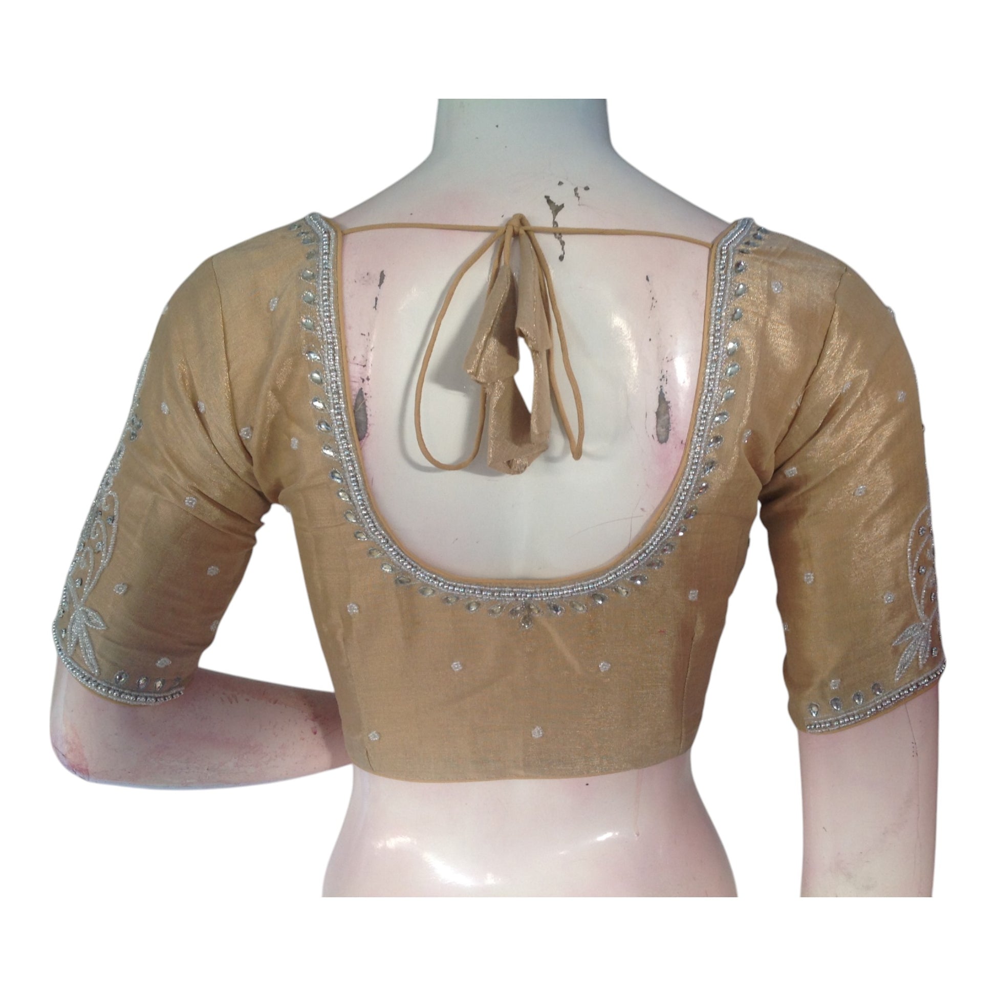 Subtle Pastel Brown Color Aari Handwork Blouse | Tissue Silk | Festive Wear