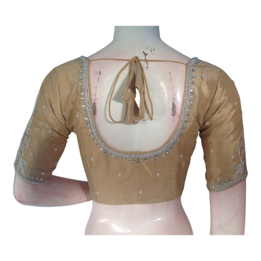 Subtle Pastel Brown Color Aari Handwork Blouse | Tissue Silk | Festive Wear