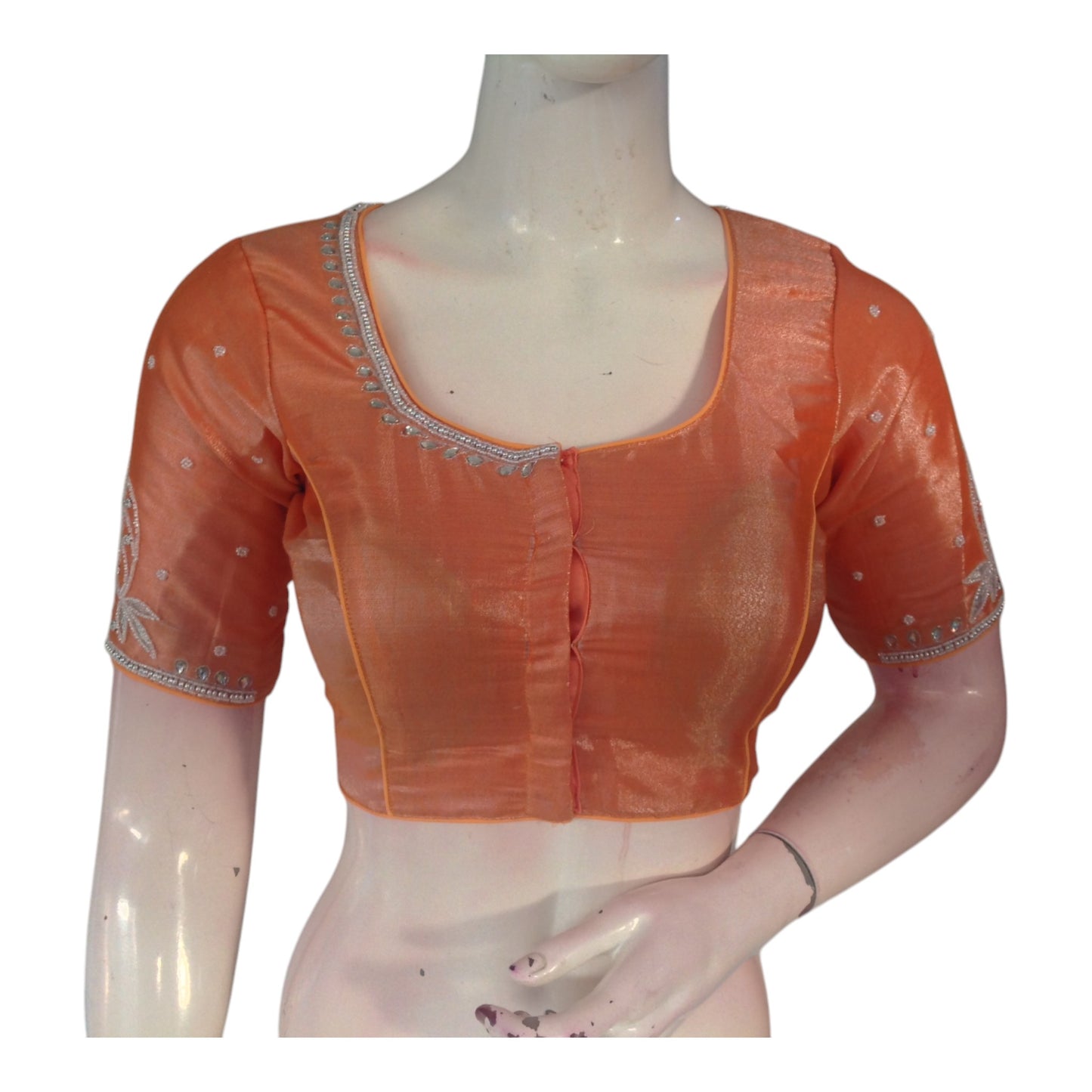 Handcrafted Pastel Orange Color Blouse | Silver Aari Work | Premium Silk