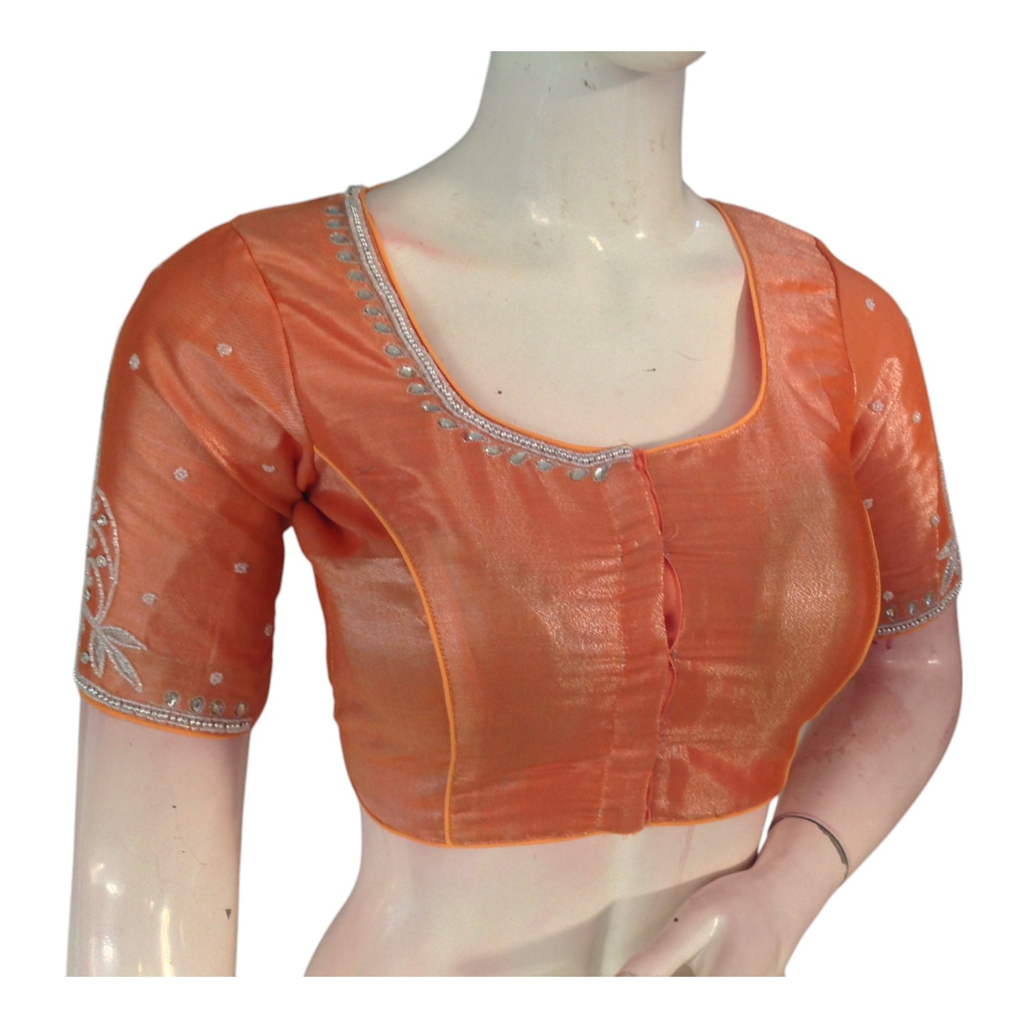 Handcrafted Pastel Orange Color Blouse | Silver Aari Work | Premium Silk