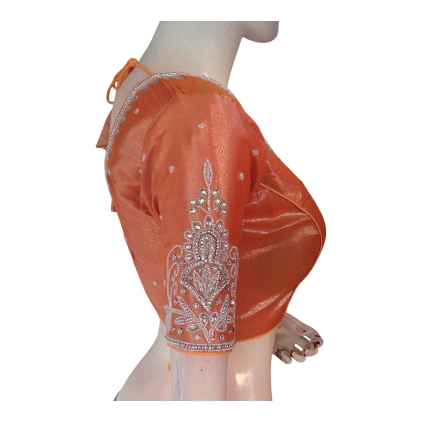 Handcrafted Pastel Orange Color Blouse | Silver Aari Work | Premium Silk