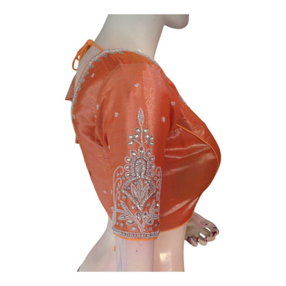 Handcrafted Pastel Orange Color Blouse | Silver Aari Work | Premium Silk