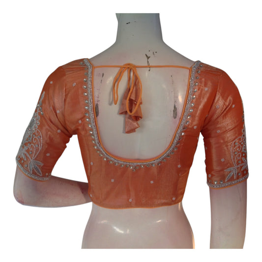 Handcrafted Pastel Orange Color Blouse | Silver Aari Work | Premium Silk