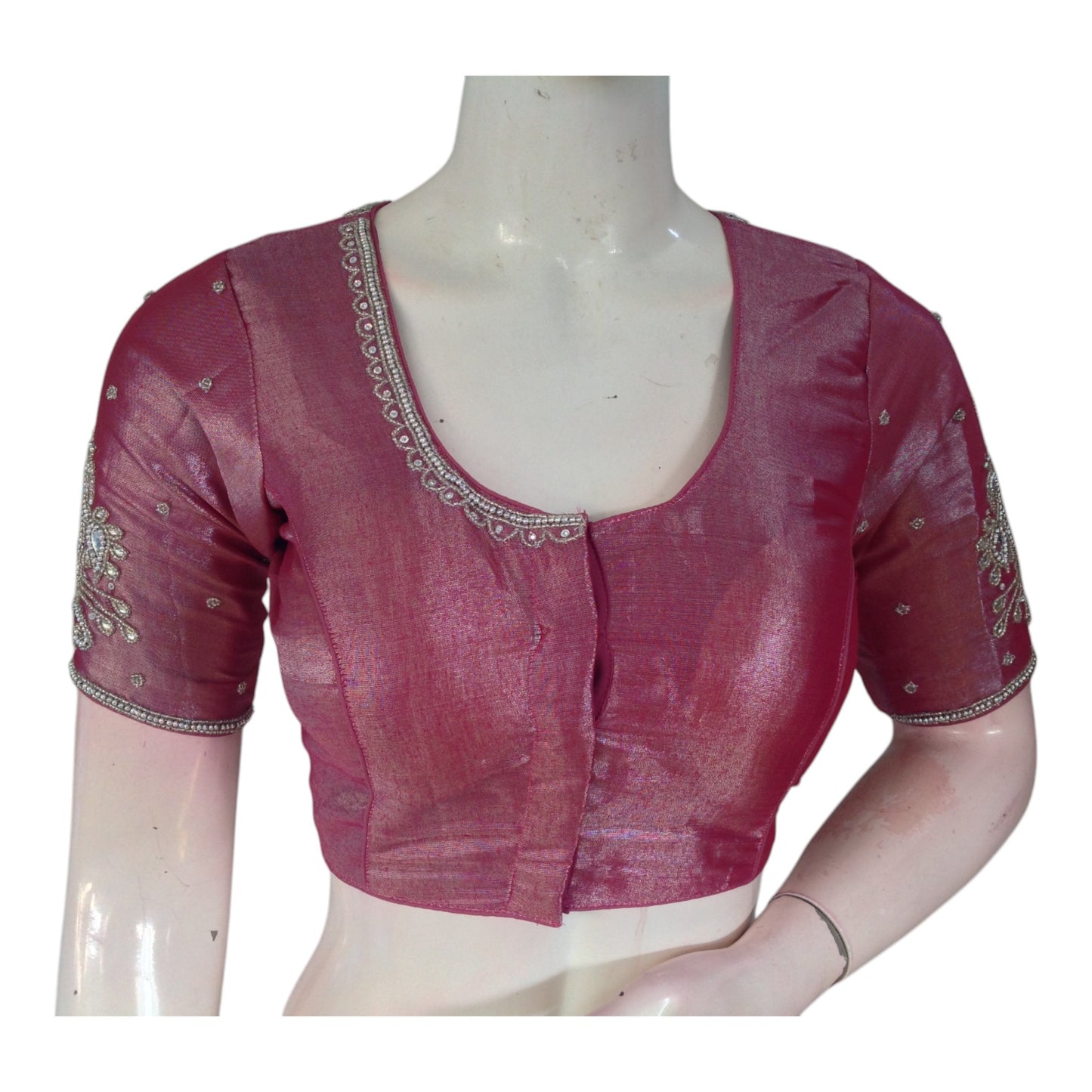 Bold Magenta Color Readymade Blouse | Silver Aari Detail | Tissue Silk