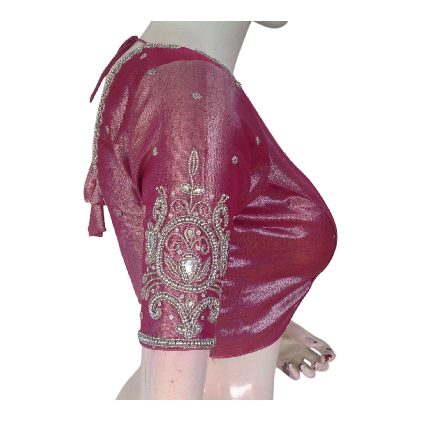 Bold Magenta Color Readymade Blouse | Silver Aari Detail | Tissue Silk