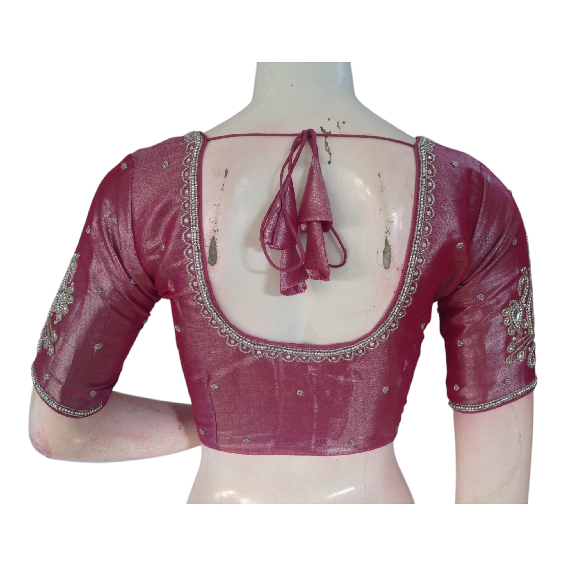 Bold Magenta Color Readymade Blouse | Silver Aari Detail | Tissue Silk