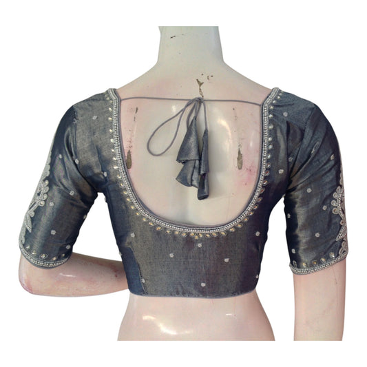 Charcoal Grey Color Tissue Silk Readymade Blouse | Silver Aari Handwork