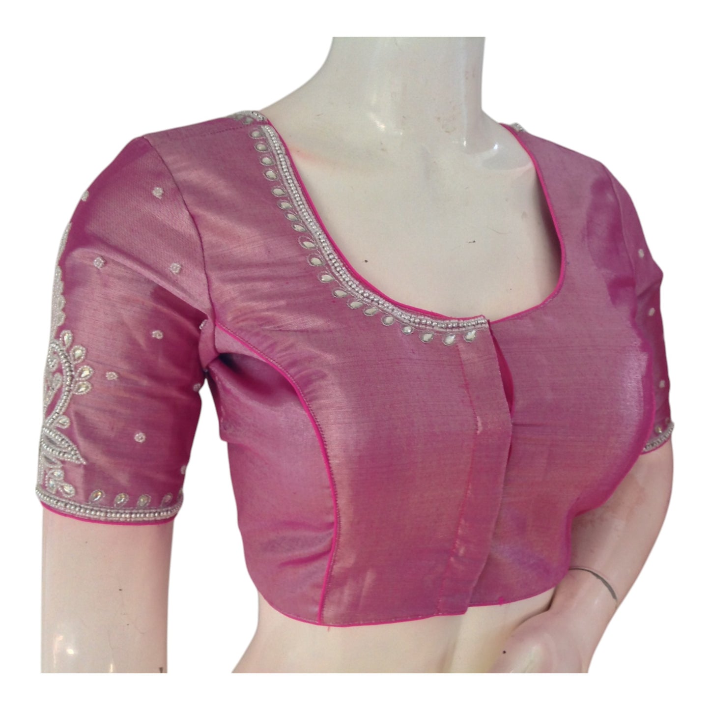Light Magenta Color Tissue Silk Readymade Blouse | Silver Aari Handwork