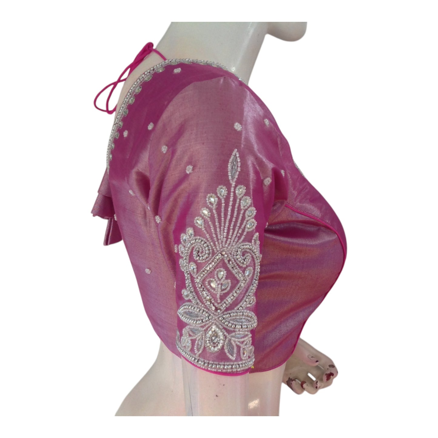 Light Magenta Color Tissue Silk Readymade Blouse | Silver Aari Handwork