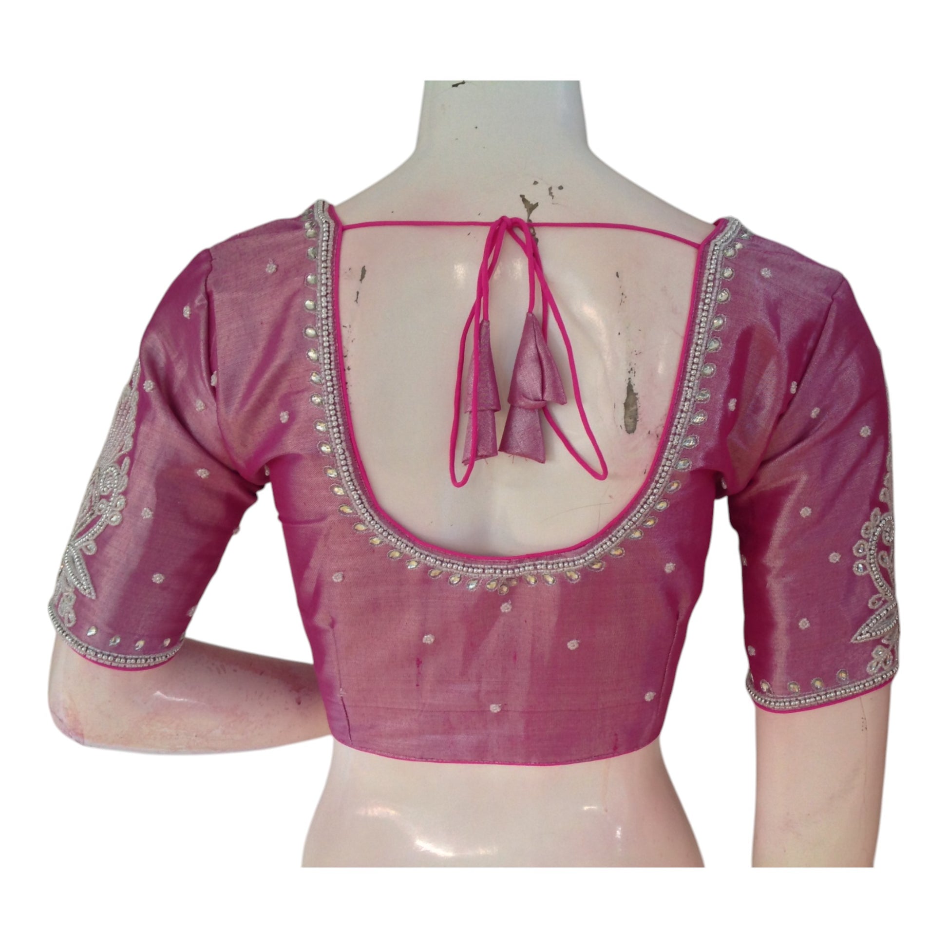 Light Magenta Color Tissue Silk Readymade Blouse | Silver Aari Handwork 