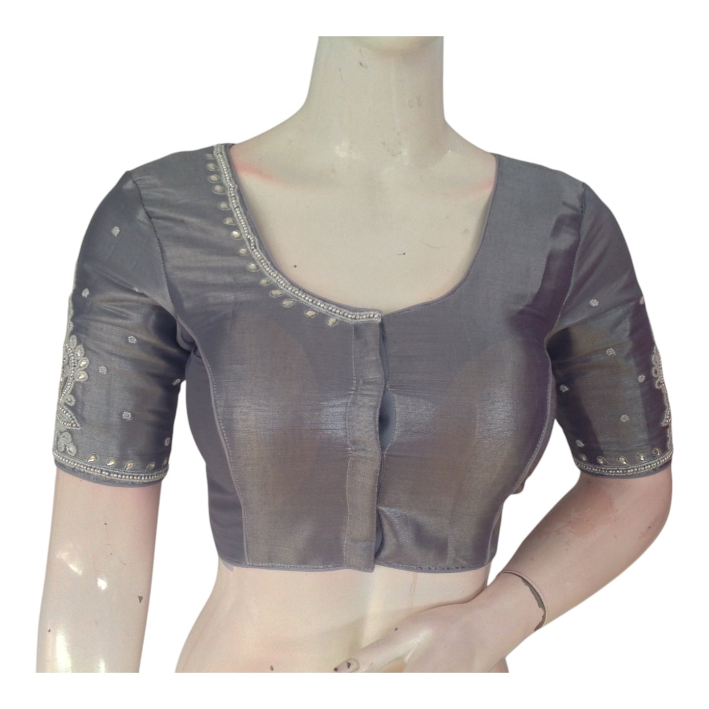 Elegant Pastel Grey Tissue Silk Blouse with Silver Aari Handwork