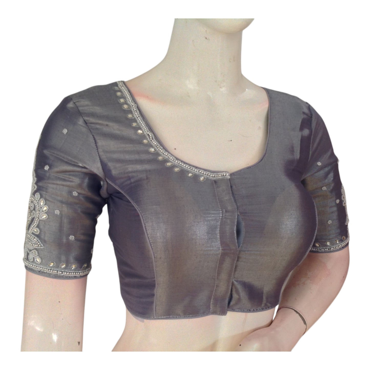 Elegant Pastel Grey Tissue Silk Blouse with Silver Aari Handwork