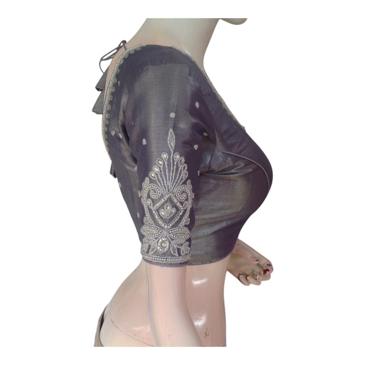 Elegant Pastel Grey Tissue Silk Blouse with Silver Aari Handwork