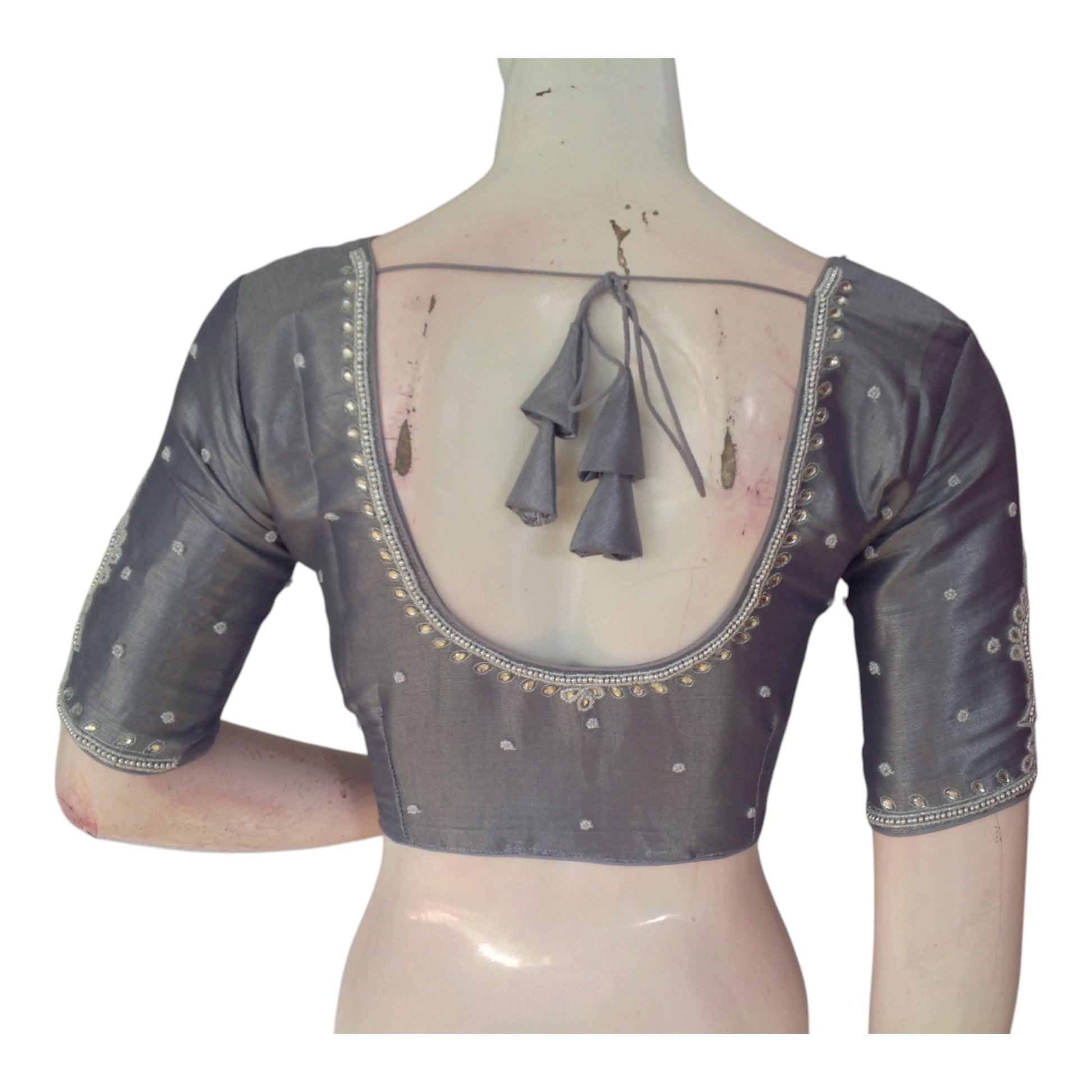 Elegant Pastel Grey Tissue Silk Blouse with Silver Aari Handwork