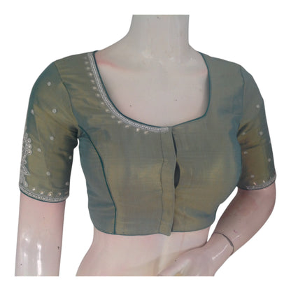 Teal Green Color Tissue Silk Readymade Blouse with Silver Aari Handwork