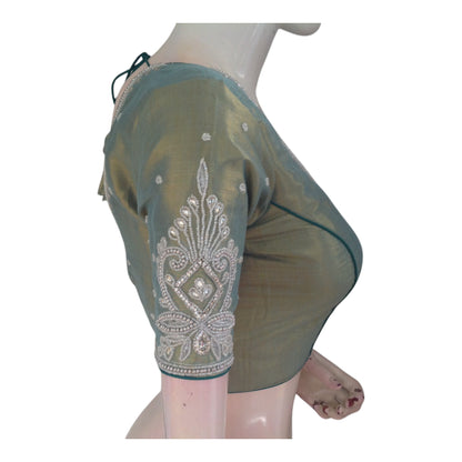 Teal Green Color Tissue Silk Readymade Blouse with Silver Aari Handwork