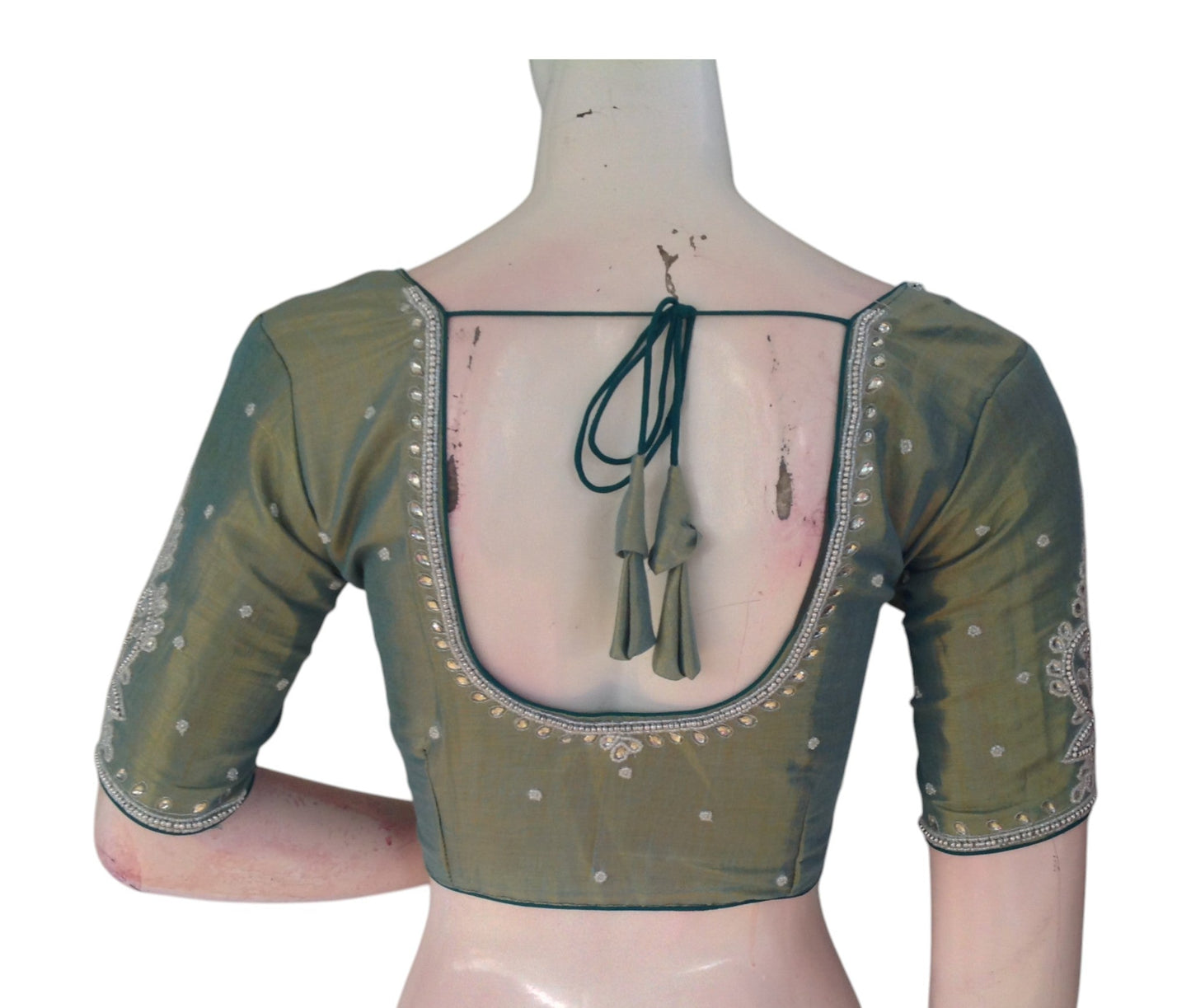 Teal Green Color Tissue Silk Readymade Blouse with Silver Aari Handwork