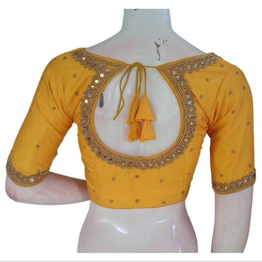 Radiant Yellow Aari Mirror Work Silk Saree Blouse | Bridal & Festive