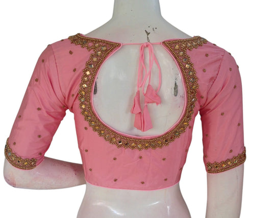 Baby Pink Dream: Mirror Aari Handwork Wedding Silk Saree Blouse