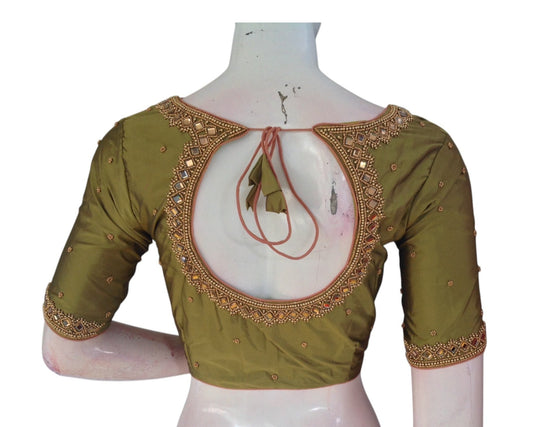 Olive Green Opulence: Mirror Aari Handwork Wedding Silk Saree Blouse