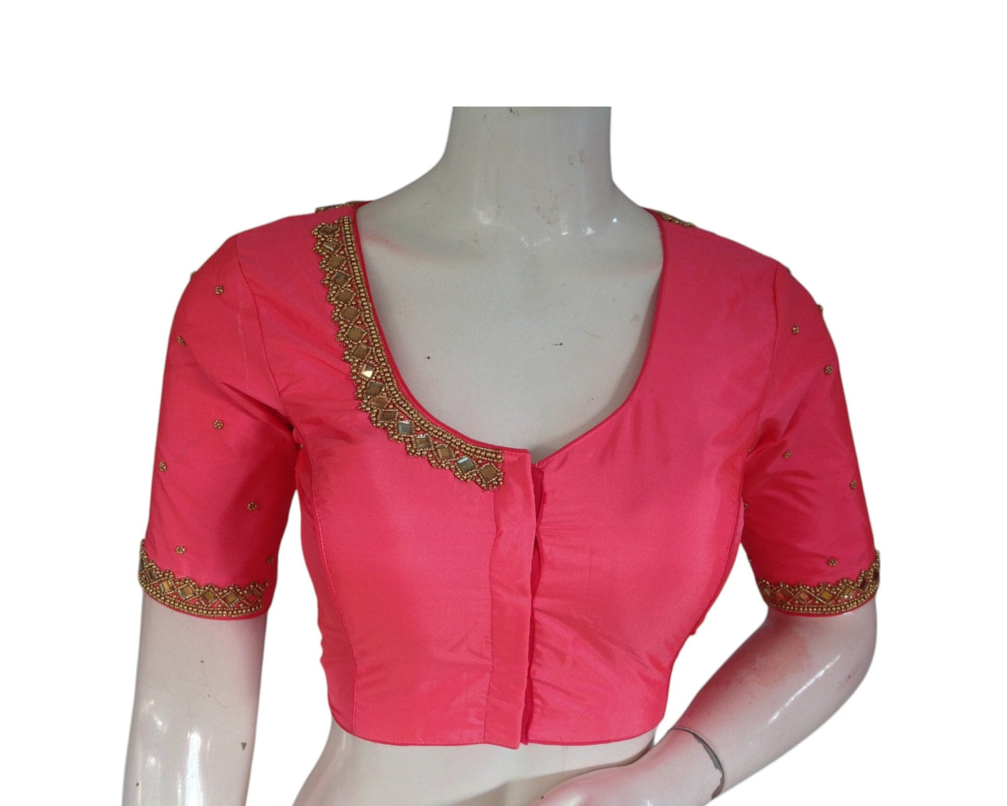 Roseate Radiance: Mirror Aari Handwork Wedding Silk Saree Blouse