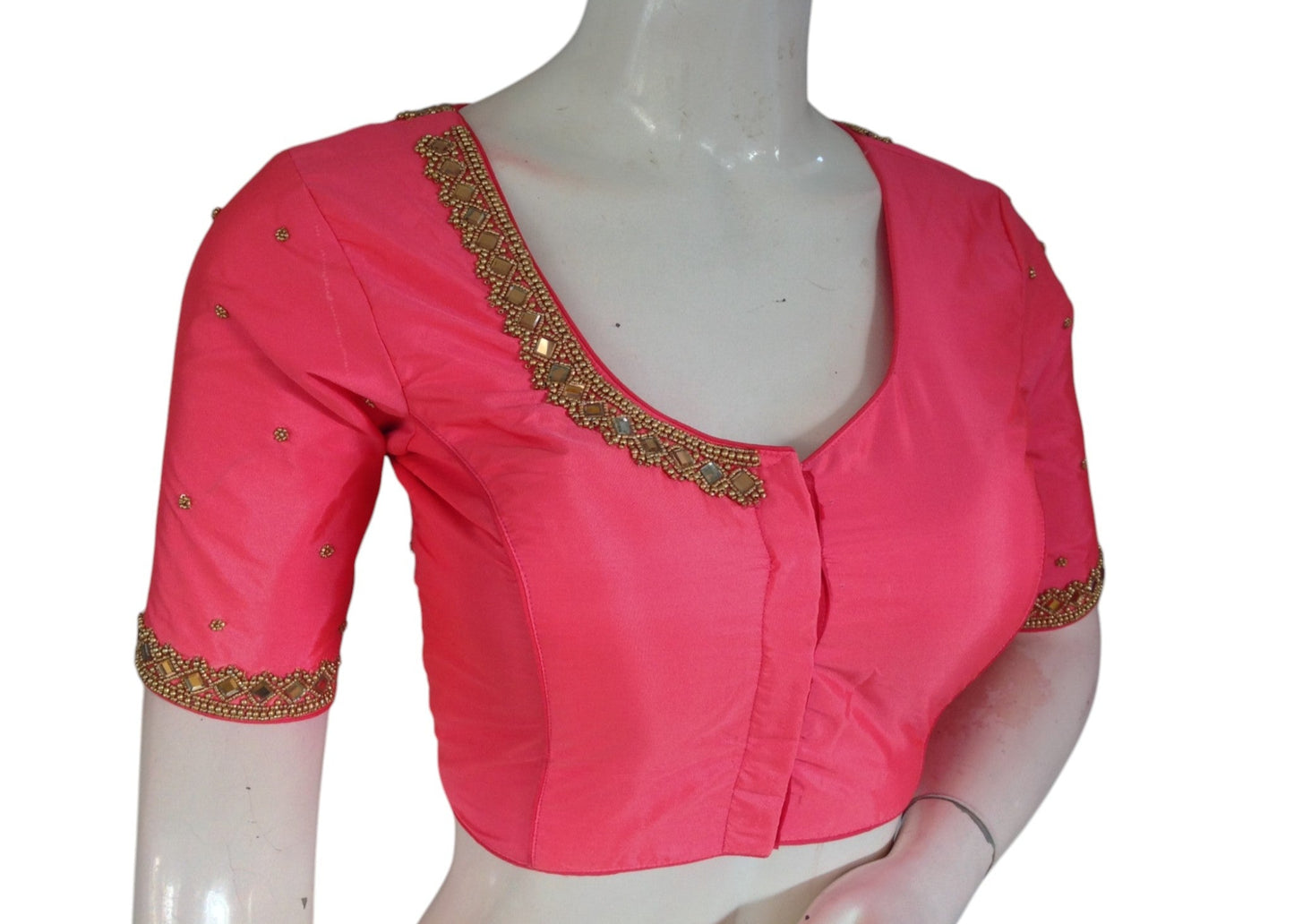 Roseate Radiance: Mirror Aari Handwork Wedding Silk Saree Blouse