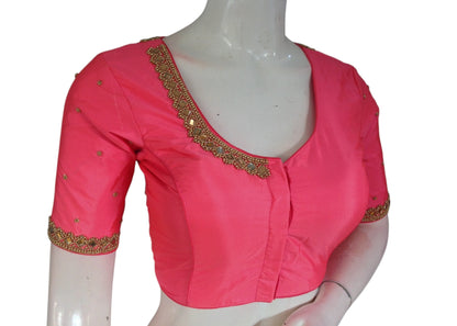 Roseate Radiance: Mirror Aari Handwork Wedding Silk Saree Blouse