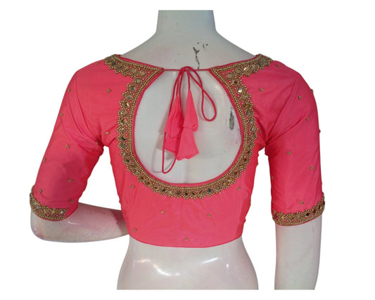 Roseate Radiance: Mirror Aari Handwork Wedding Silk Saree Blouse