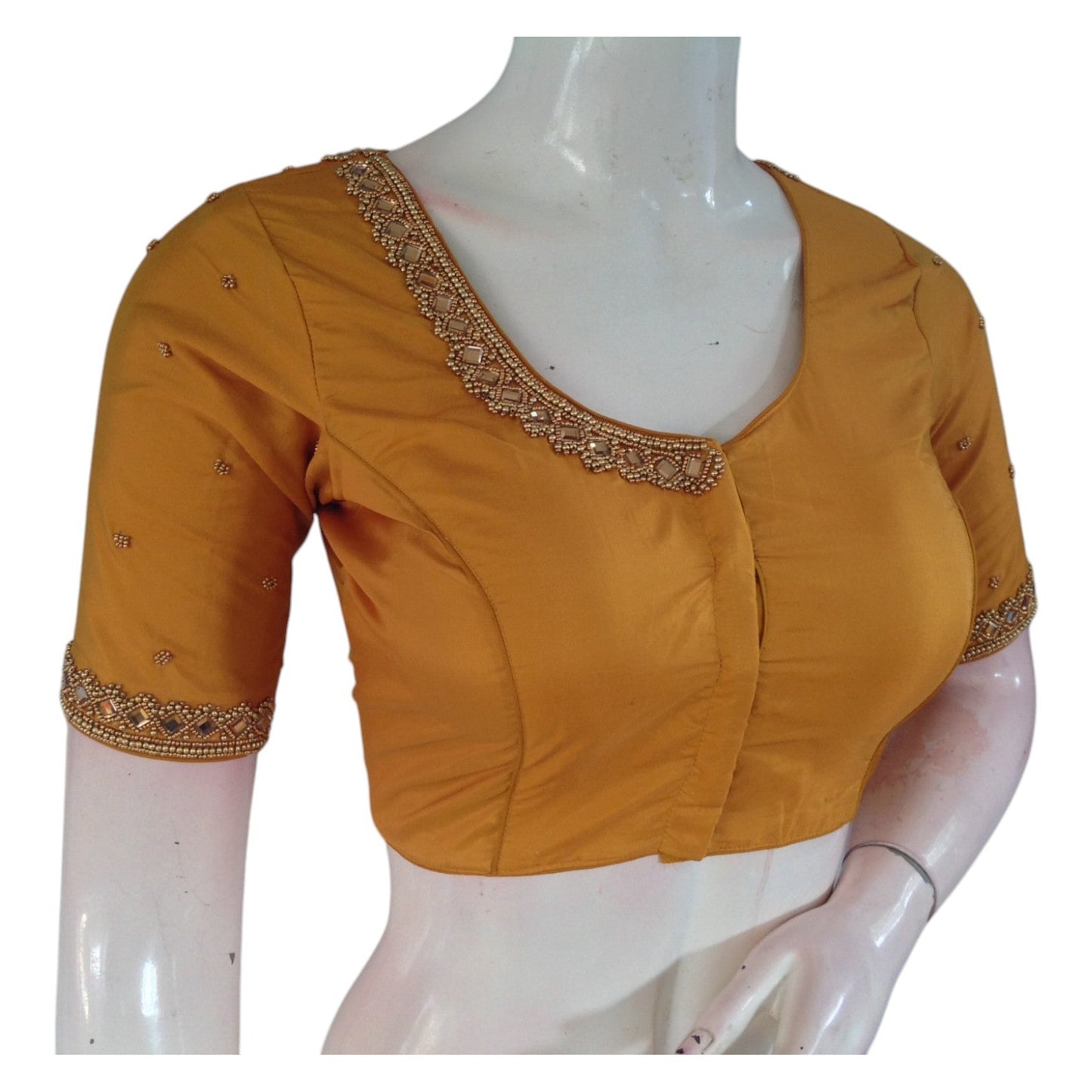 Mustard Yellow Radiance: Mirror Aari Handwork Wedding Silk Saree Blouse
