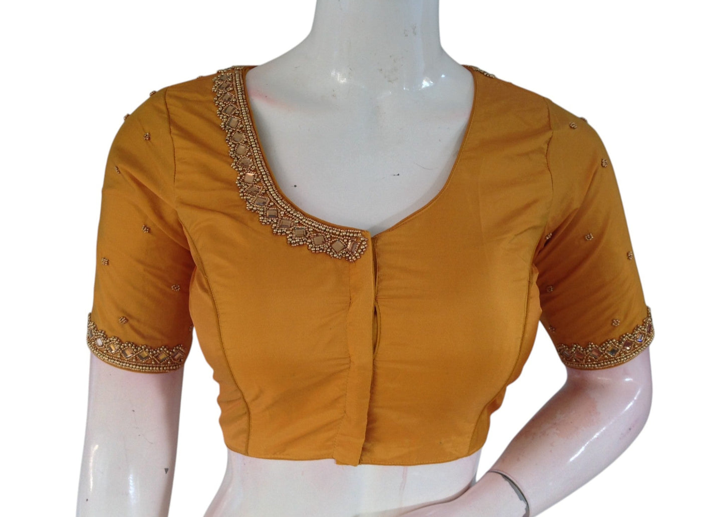 Mustard Yellow Radiance: Mirror Aari Handwork Wedding Silk Saree Blouse