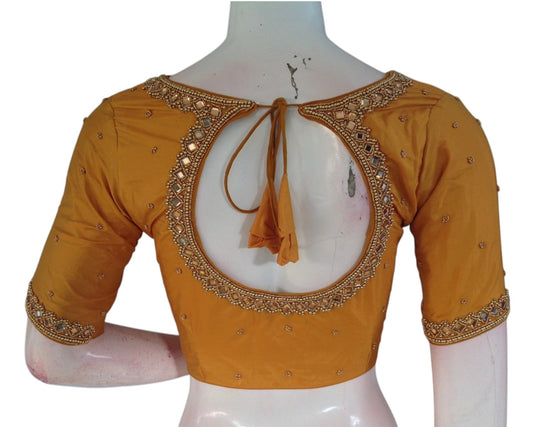 Mustard Yellow Radiance: Mirror Aari Handwork Wedding Silk Saree Blouse