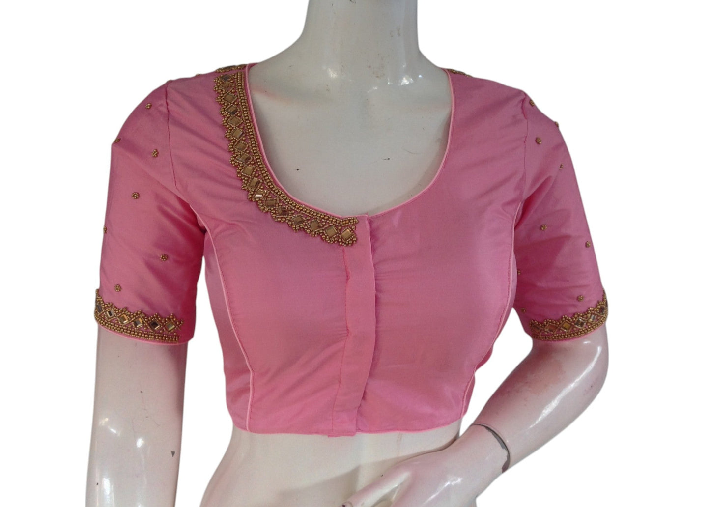 Pastel Pink Color Silk Blouse | Mirror Aari Work | Bridal Elegance