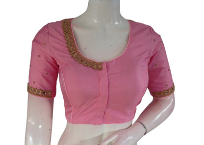 Pastel Pink Color Silk Blouse | Mirror Aari Work | Bridal Elegance