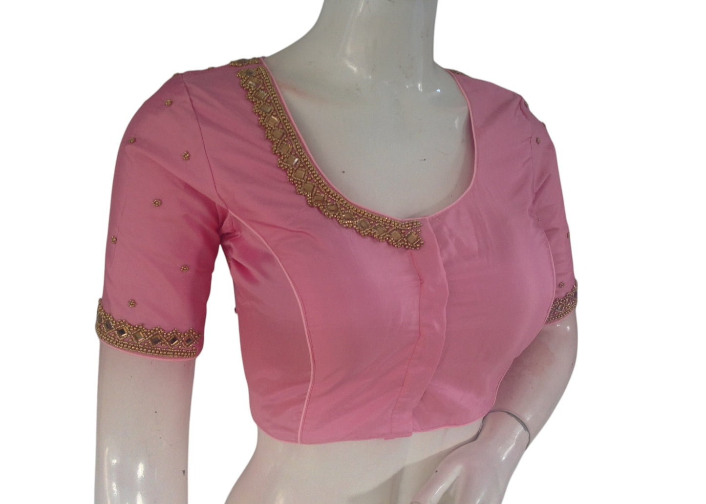 Pastel Pink Color Silk Blouse | Mirror Aari Work | Bridal Elegance