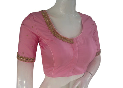 Pastel Pink Color Silk Blouse | Mirror Aari Work | Bridal Elegance