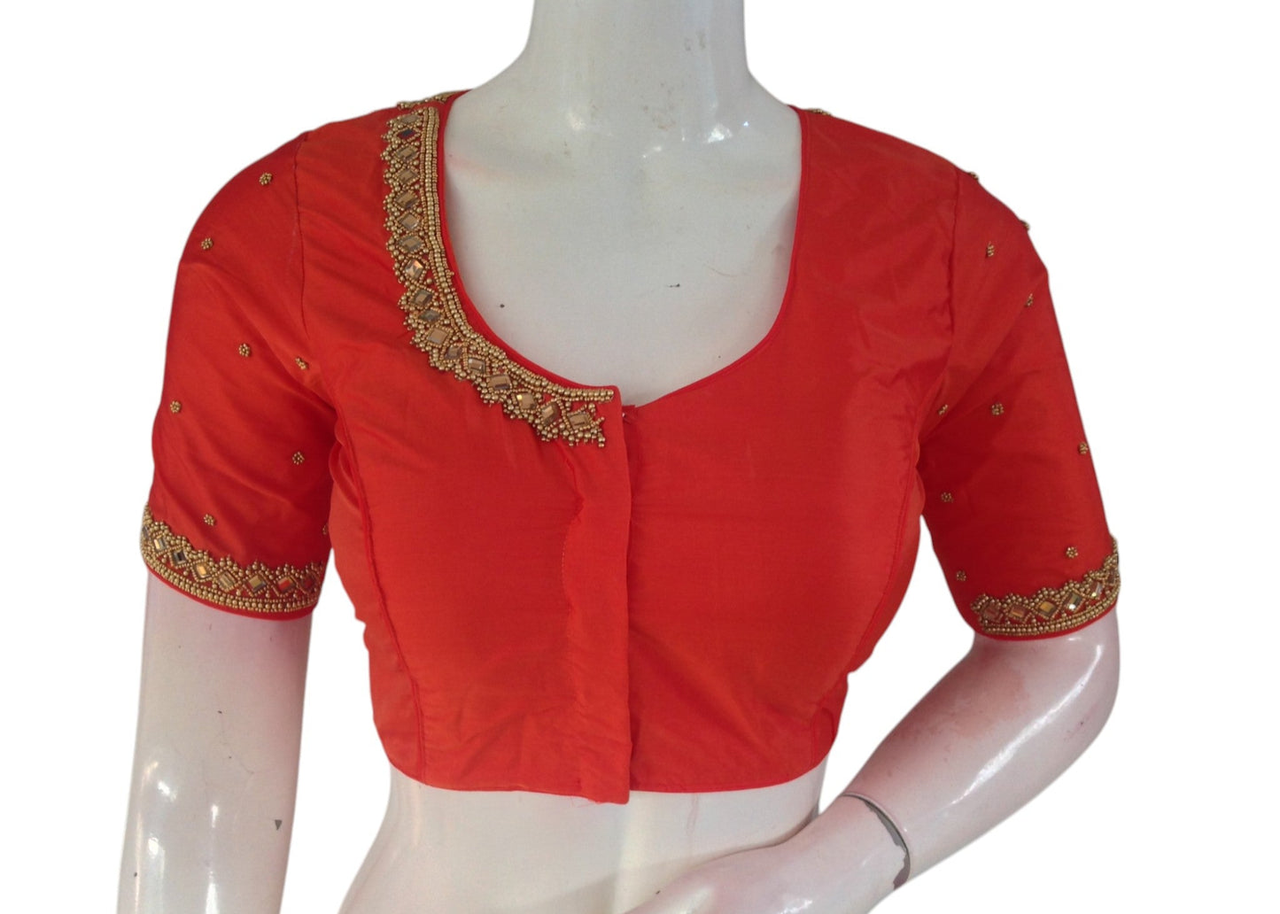 Dark Orange Bridal Silk Blouse | Mirror Aari Handwork | Wedding Wear