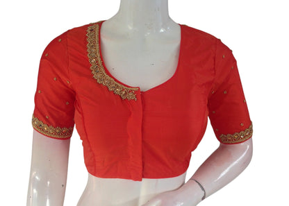 Dark Orange Bridal Silk Blouse | Mirror Aari Handwork | Wedding Wear