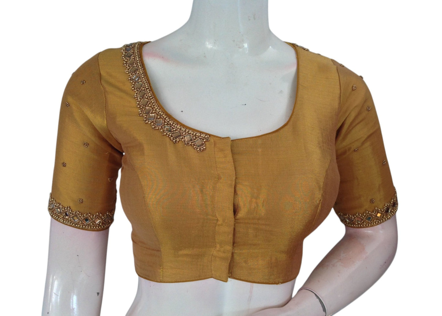 Dark Mustard Gold Tissue Silk Blouse | Aari Mirror Work | Bridal Opulence